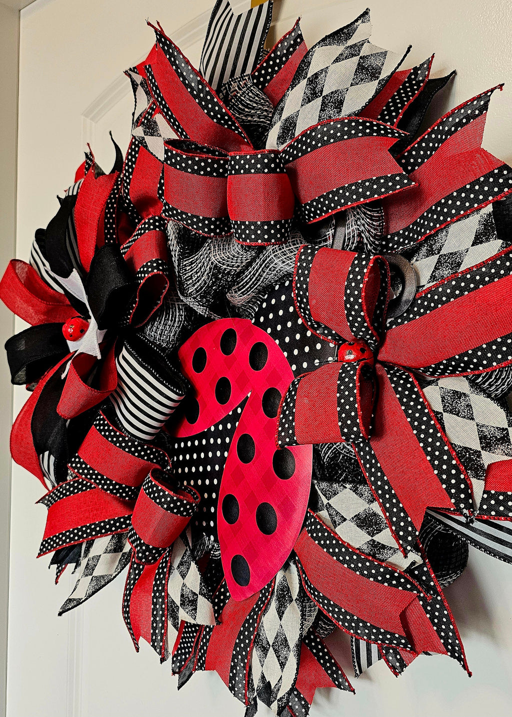 Handmade Ladybug Wreath, Outdoor Summer Decor, Whimsical Garden Decoration
