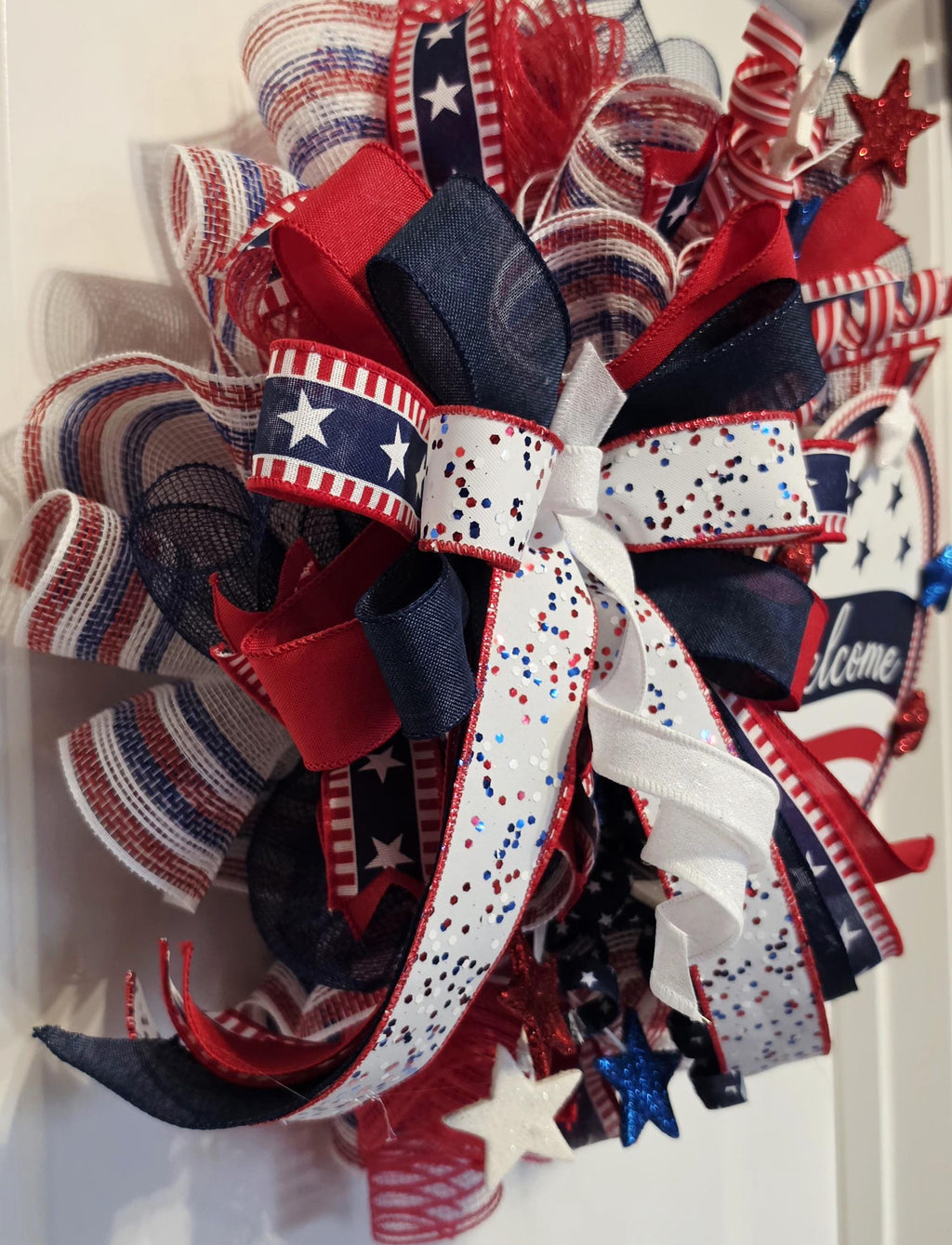 Patriotic Welcome Wreath: Red, White, Blue Americana Door Hanger