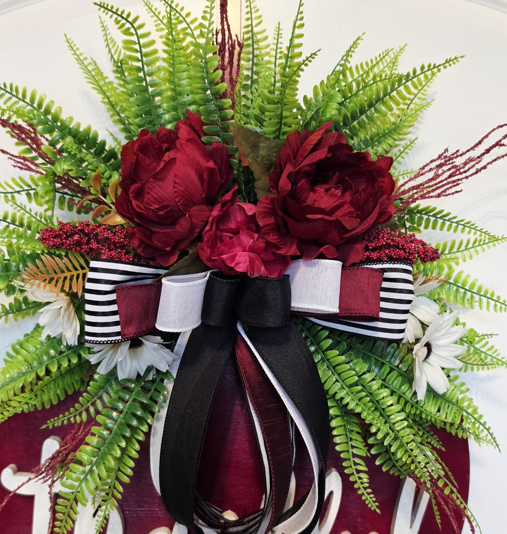 Handcrafted Burgundy Peony Fall Door Hanger, Farmhouse Autumn Wreath, Thanksgiving Porch Sign