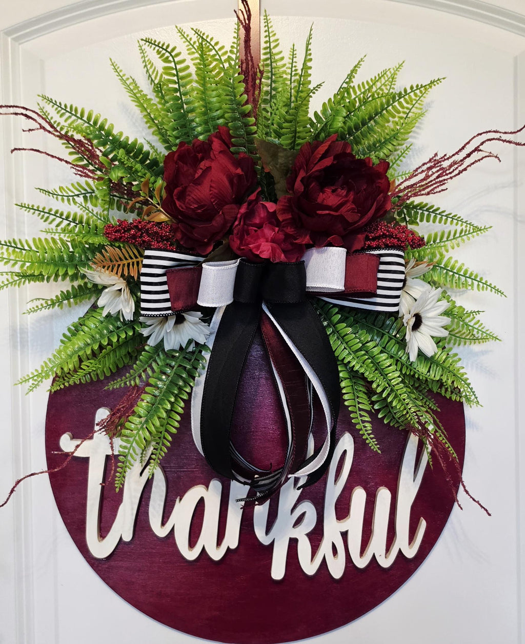 Handcrafted Burgundy Peony Fall Door Hanger, Farmhouse Autumn Wreath, Thanksgiving Porch Sign