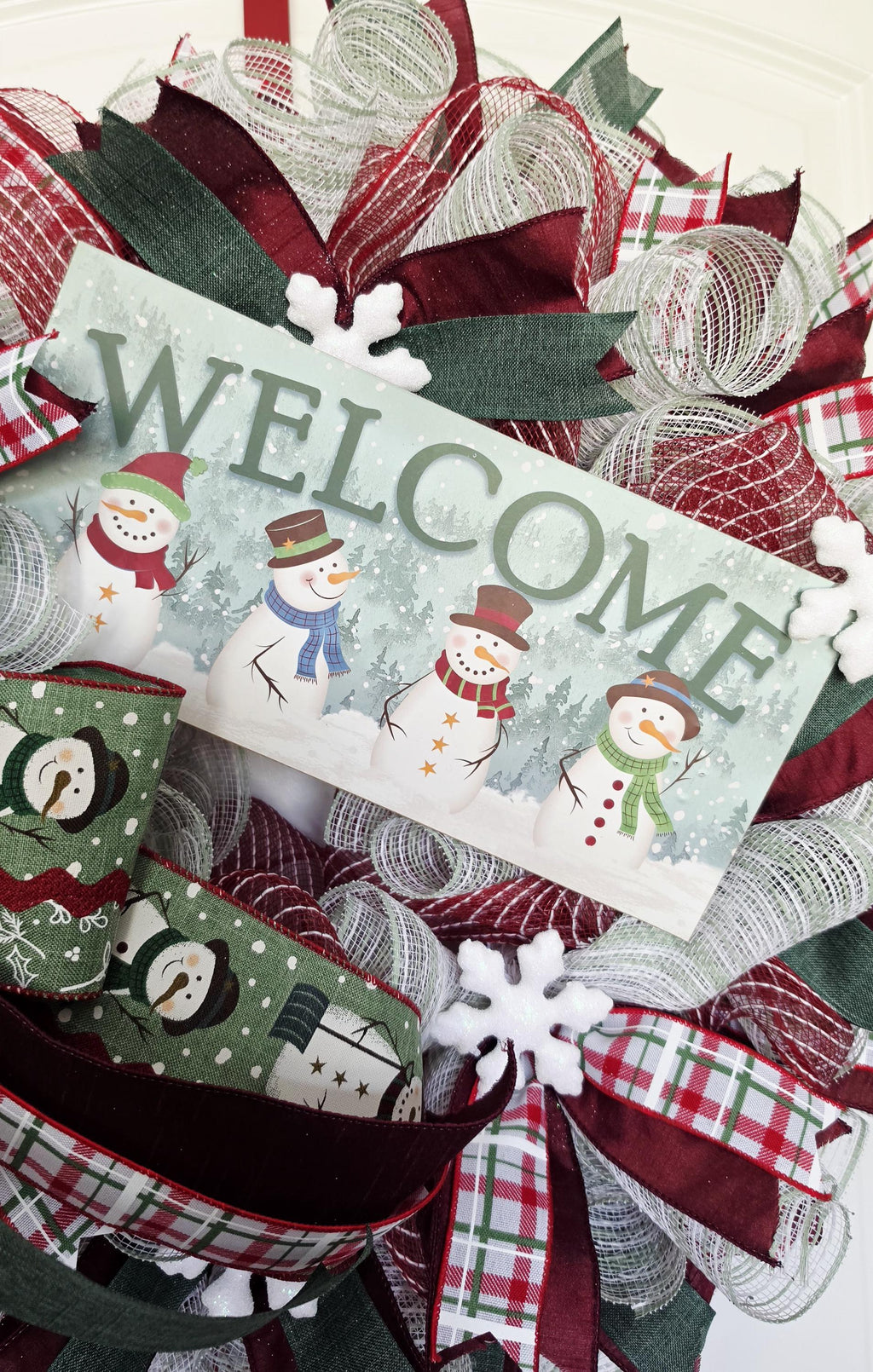 Handcrafted Snowman Welcome Christmas Wreath, Burgundy Plaid Winter Door Decor