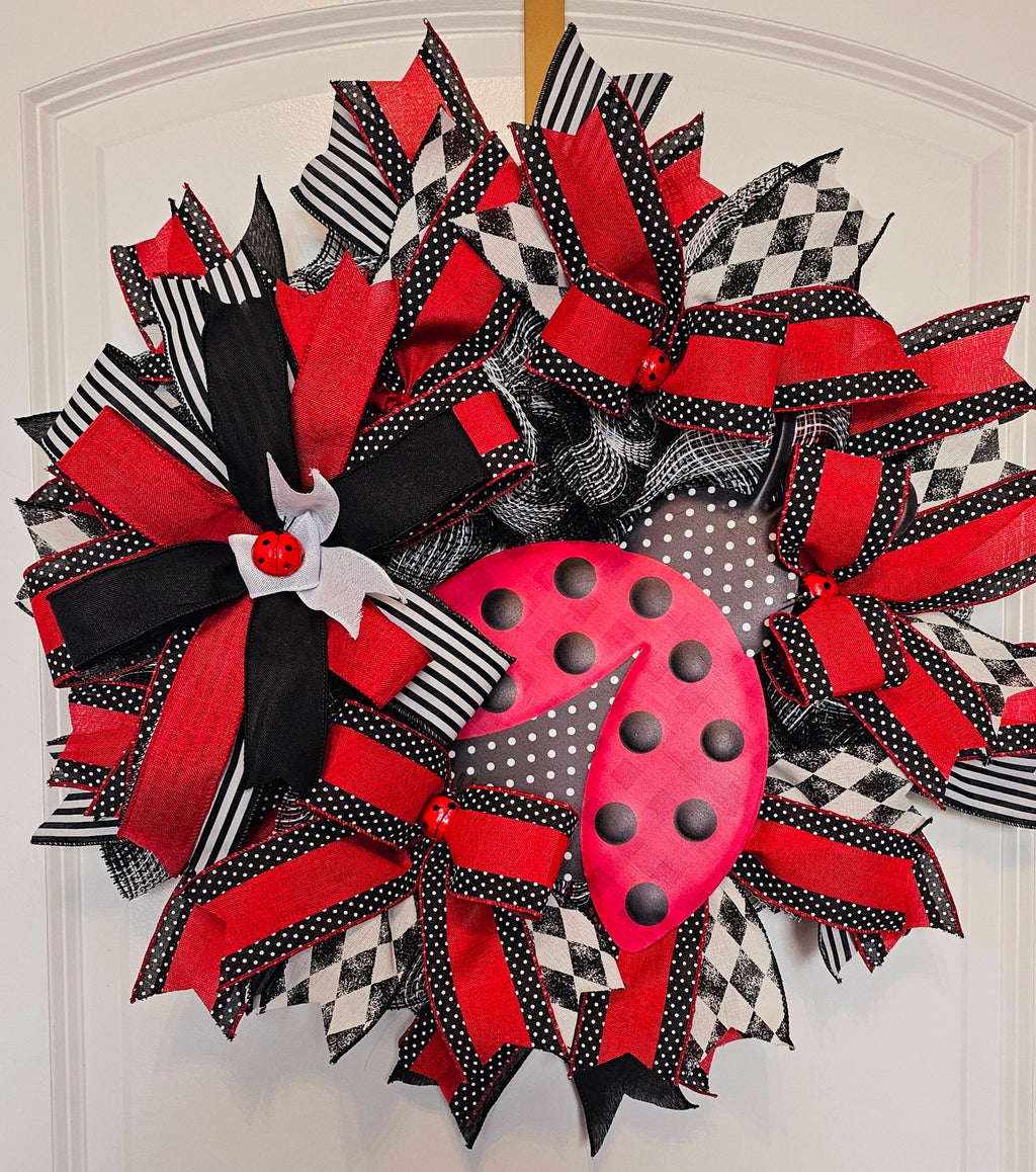 Handmade Ladybug Wreath, Outdoor Summer Decor, Whimsical Garden Decoration