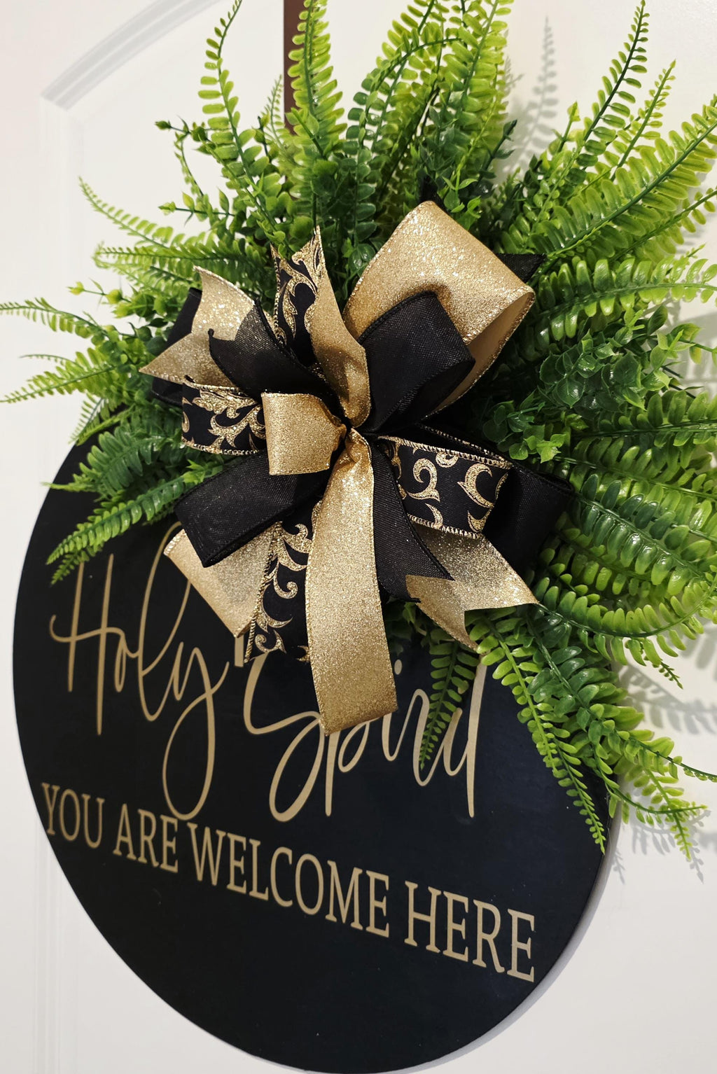 Holy Spirit Welcome Door Hanger, Black Gold Farmhouse Christian Decor