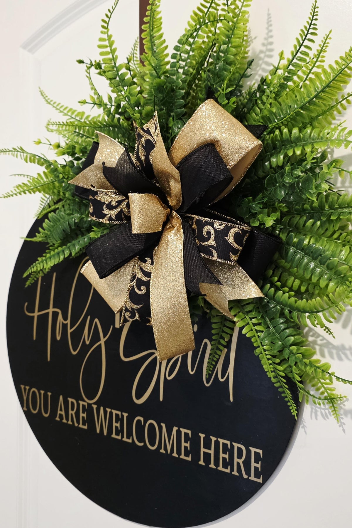 Holy Spirit Welcome Door Hanger, Black Gold Farmhouse Christian Decor