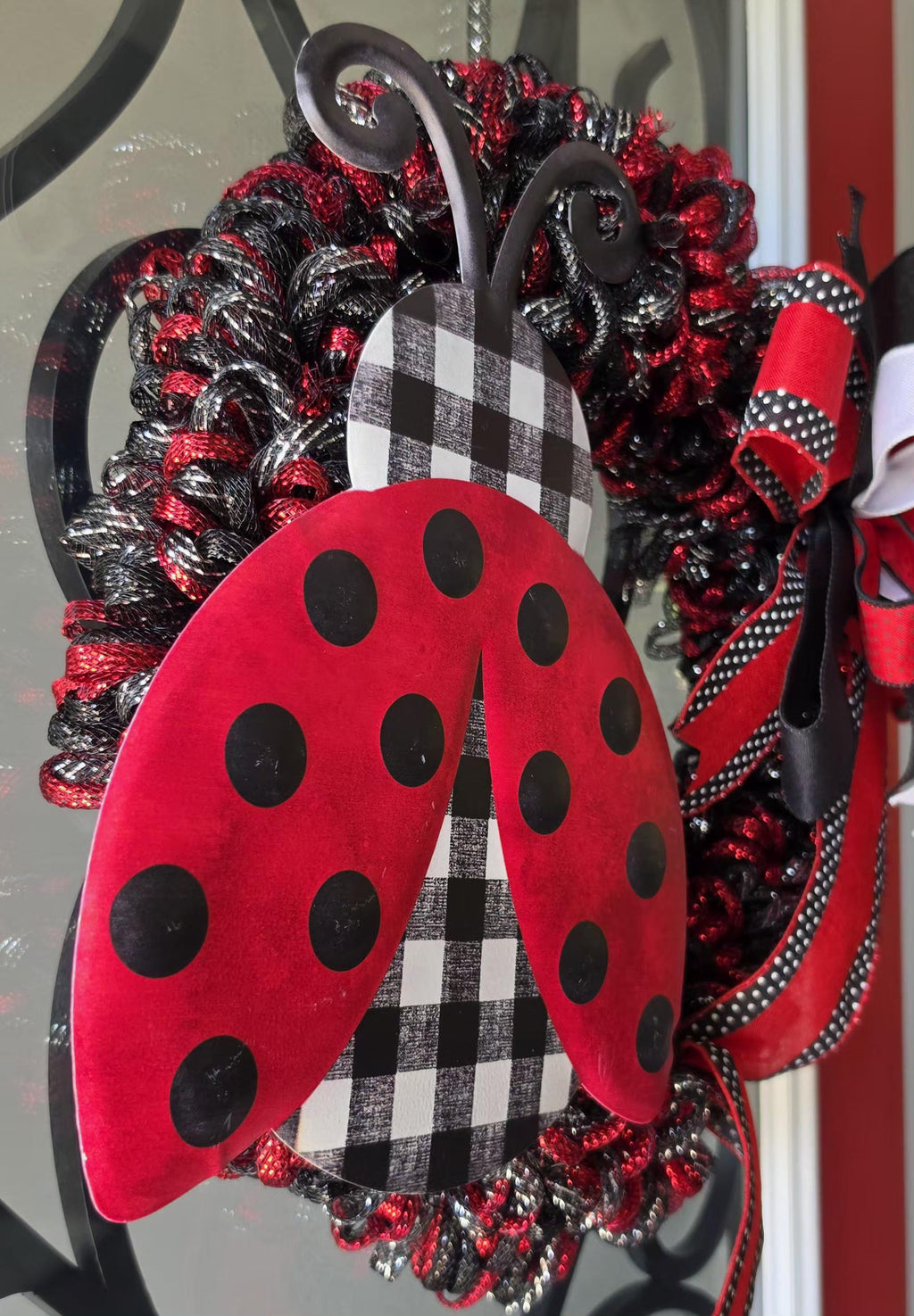 Handcrafted Ladybug Wreath: Red Black Buffalo Check Door Decor Summer Spring