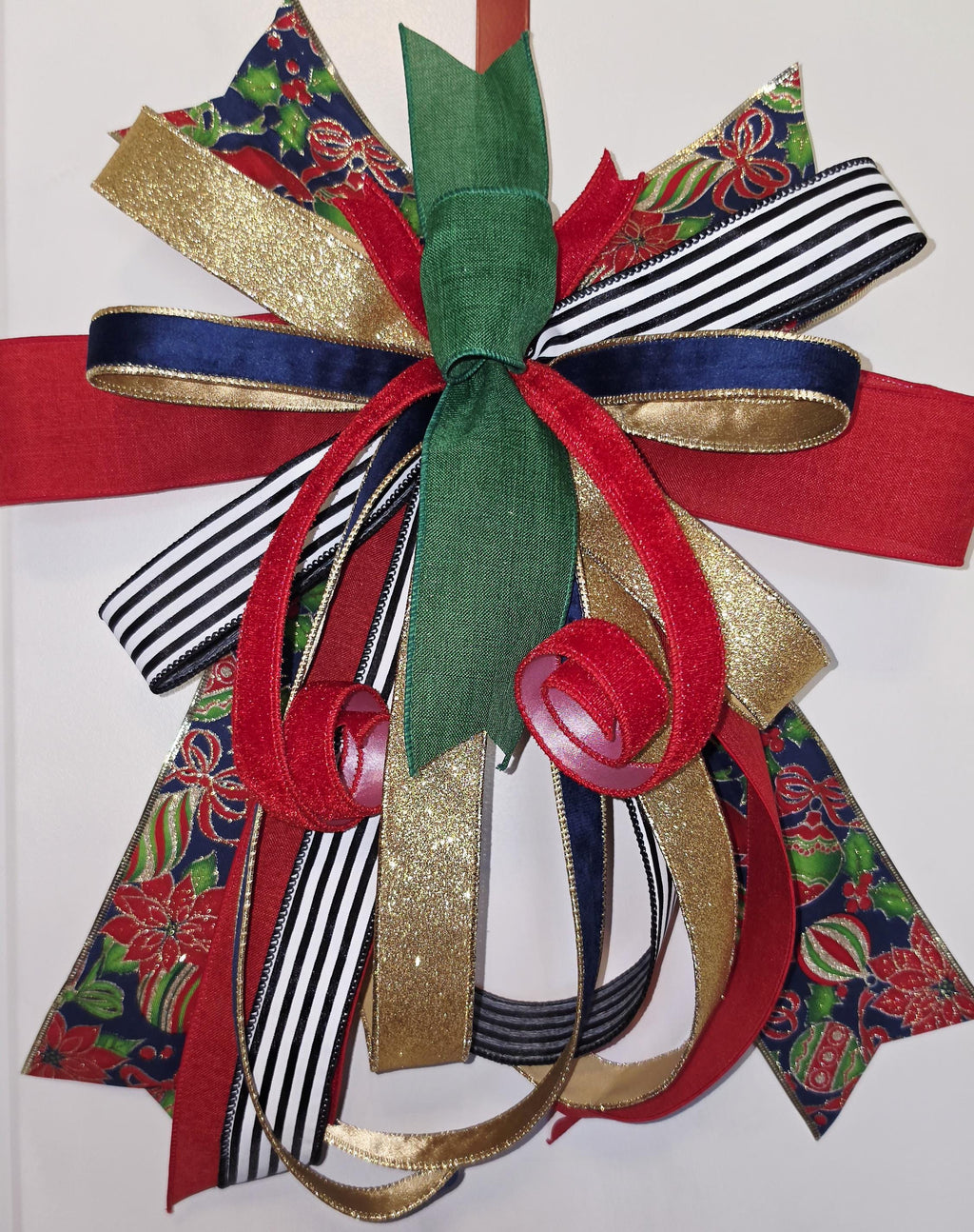 Christmas Wreath Bow, Large Holiday Bow, Christmas Tree Topper Bow, Red Green Gold Bow, Front Door Bow, Christmas Decor, Gift Bow