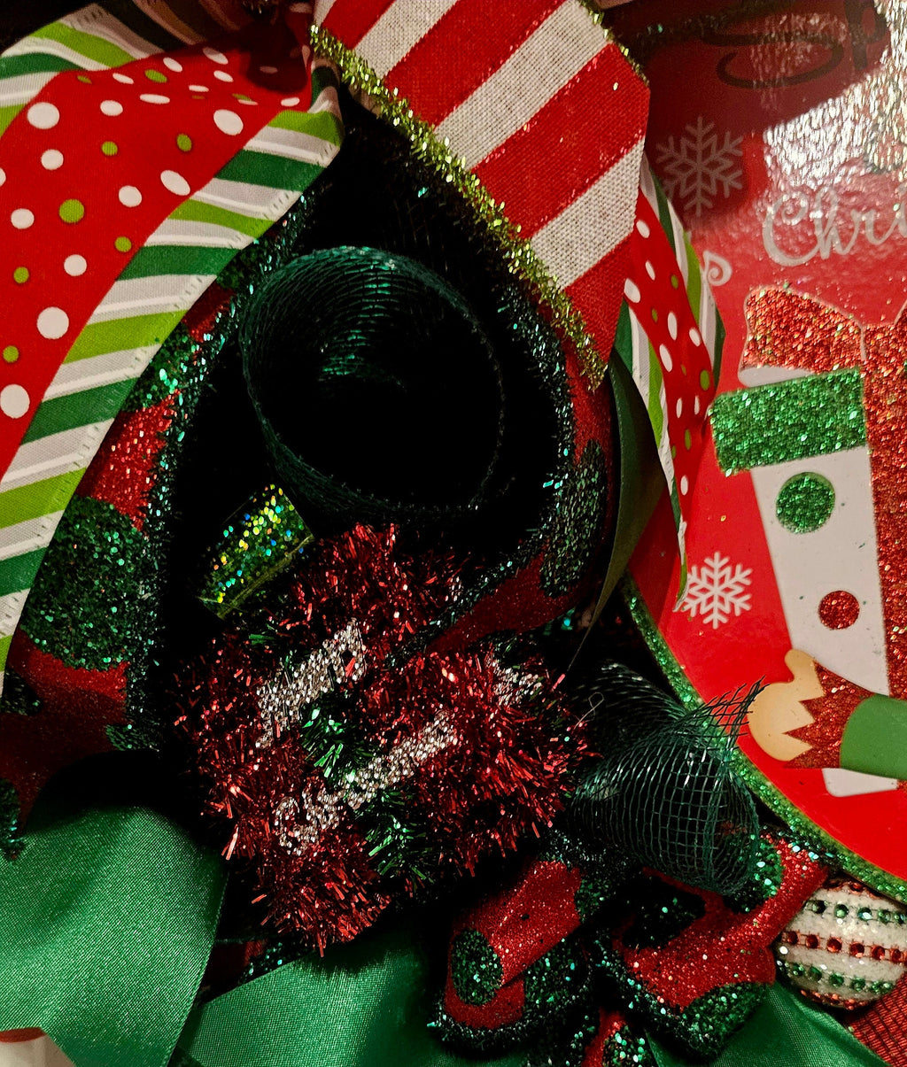 Elf Christmas Wreath – Red, Green Holiday Decor with Festive Bow