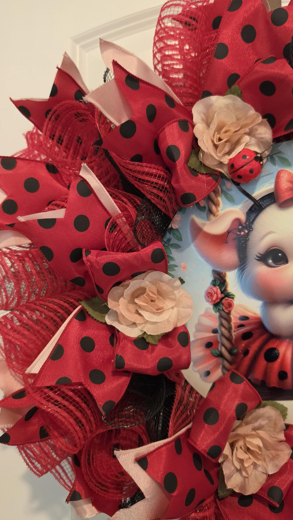 Ladybug Pig Wreath: Red Black Polka Dot Spring Summer Door Hanger