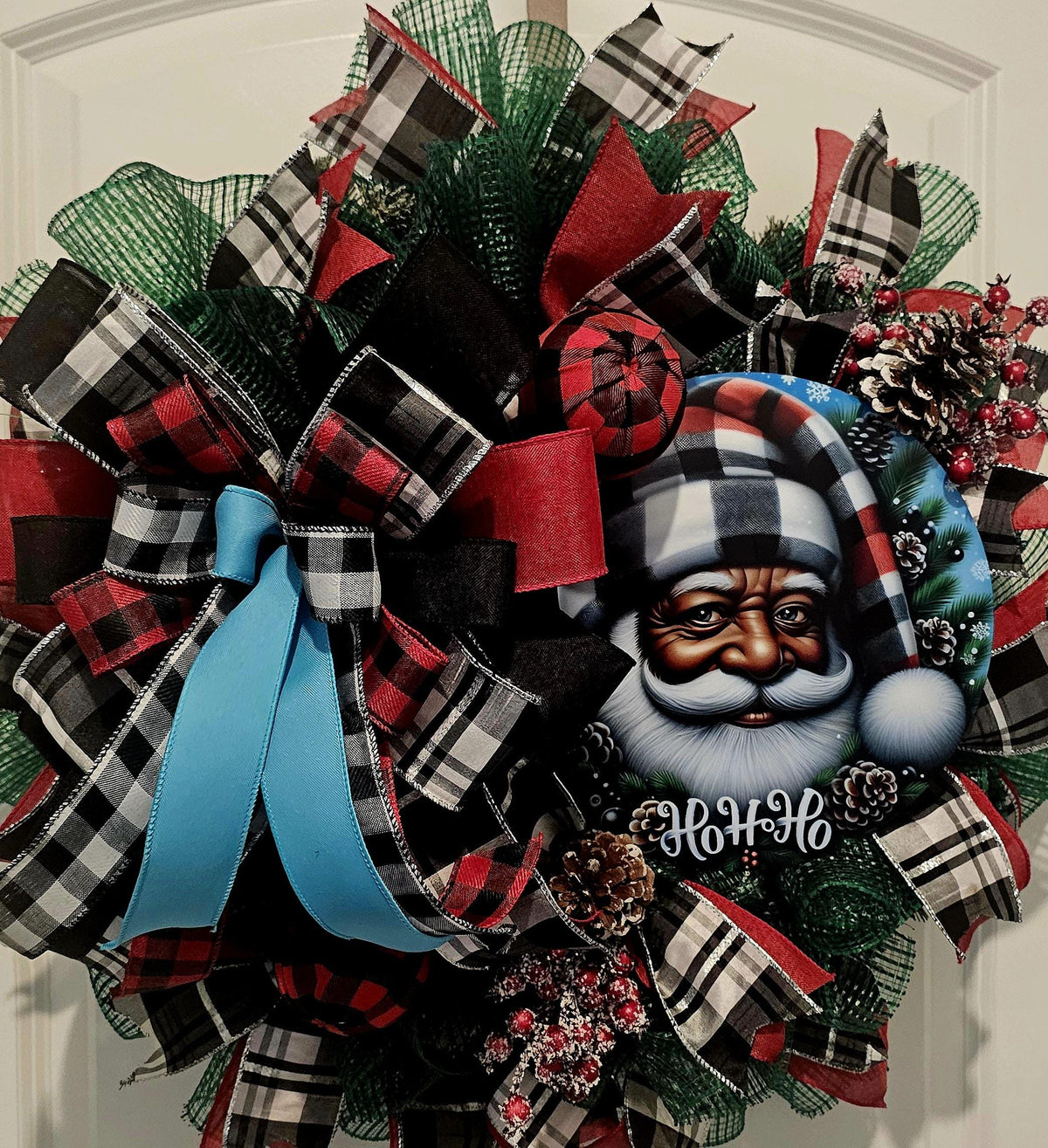 Black Santa Christmas Wreath: Buffalo Plaid Holiday Decor