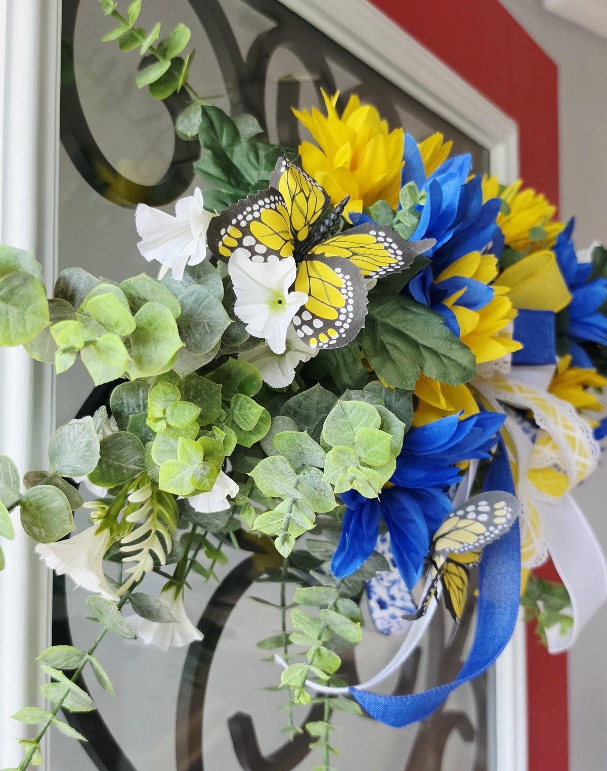 Blue Yellow Floral Swag Wreath, Butterfly Sunflower Door Decor