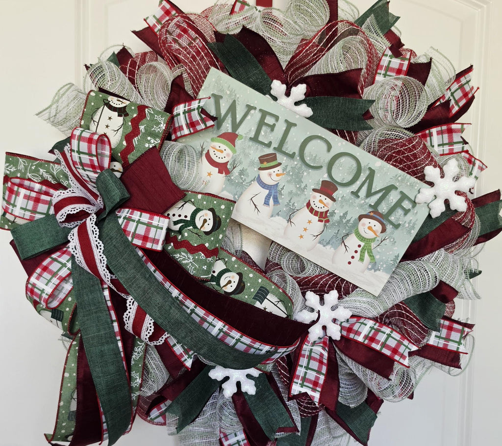 Handcrafted Snowman Welcome Christmas Wreath, Burgundy Plaid Winter Door Decor