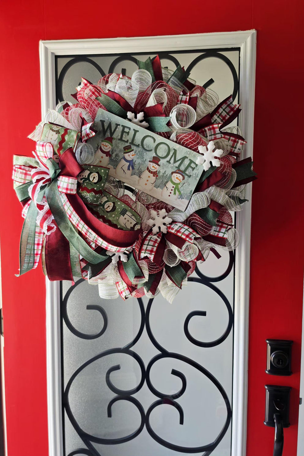 Handcrafted Snowman Welcome Christmas Wreath, Burgundy Plaid Winter Door Decor