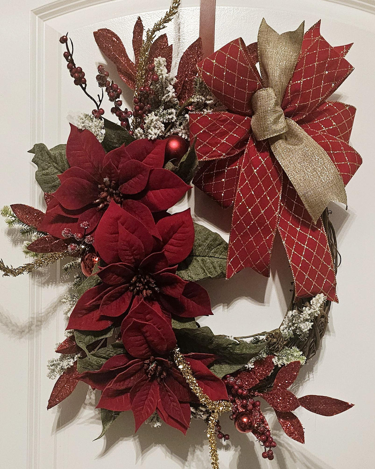 Handmade Christmas Wreath, Red Poinsettias, Gold Bow, Holiday Decor
