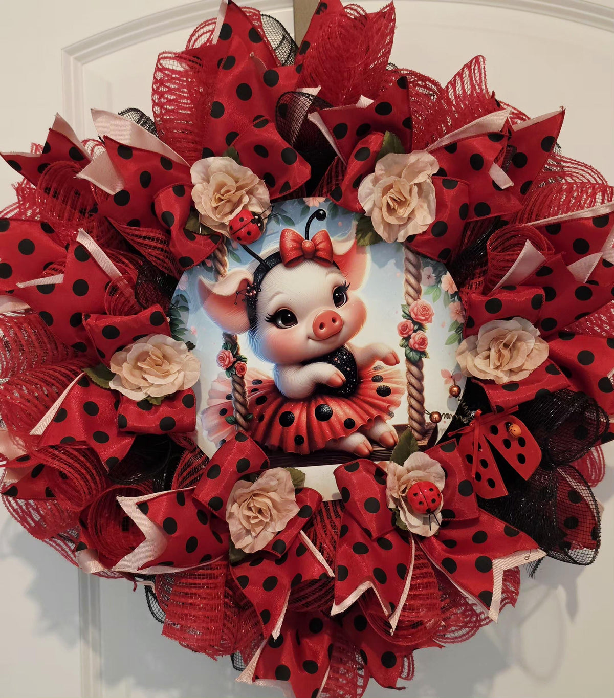 Ladybug Pig Wreath: Red Black Polka Dot Spring Summer Door Hanger