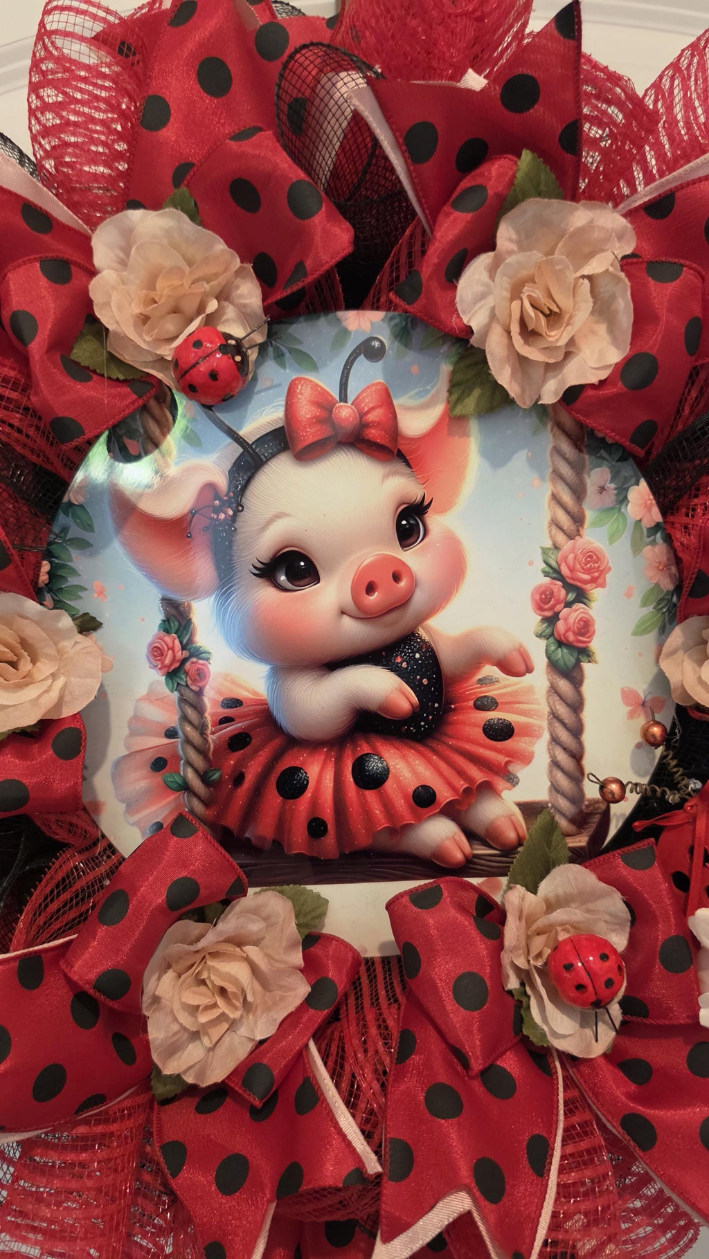 Ladybug Pig Wreath: Red Black Polka Dot Spring Summer Door Hanger
