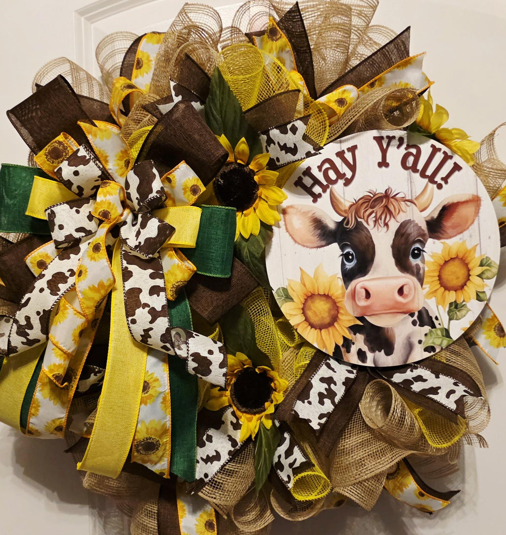 Highland Cow Sunflower Wreath, Hay Y'all Farmhouse Door Decor