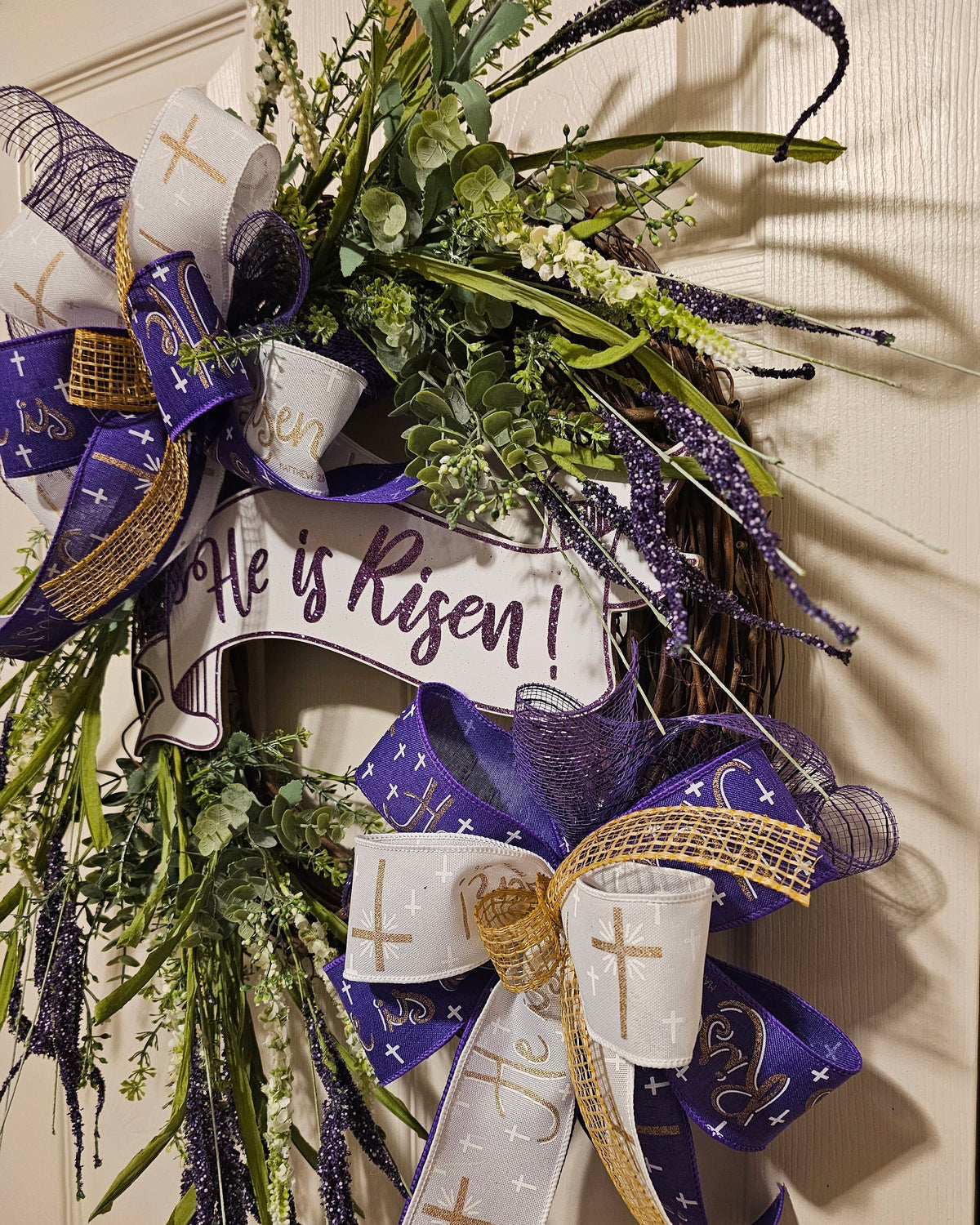 He Is Risen Grapevine Easter Wreath, Purple and White Decor (23x23 inches)