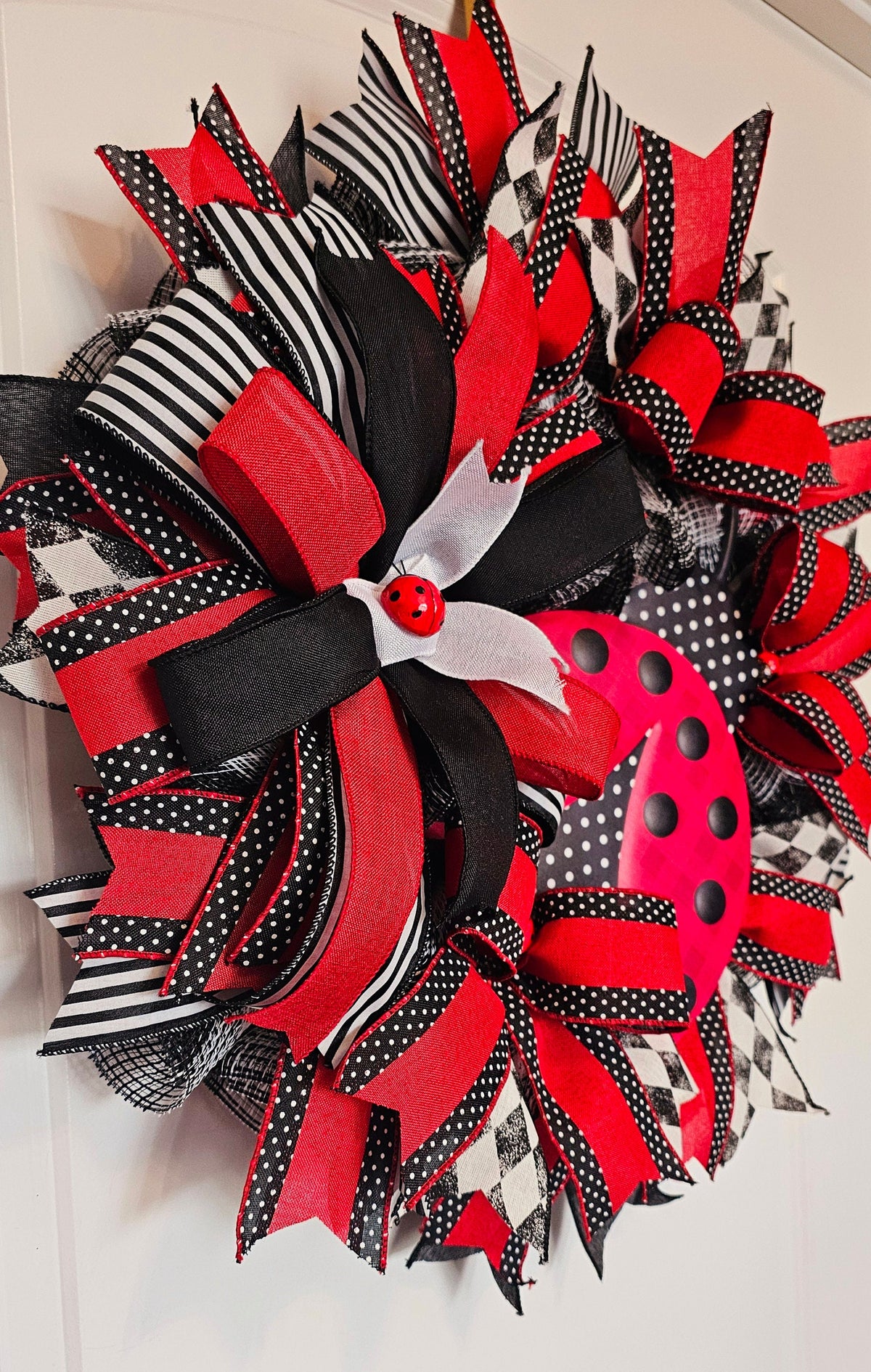 Handmade Ladybug Wreath, Outdoor Summer Decor, Whimsical Garden Decoration