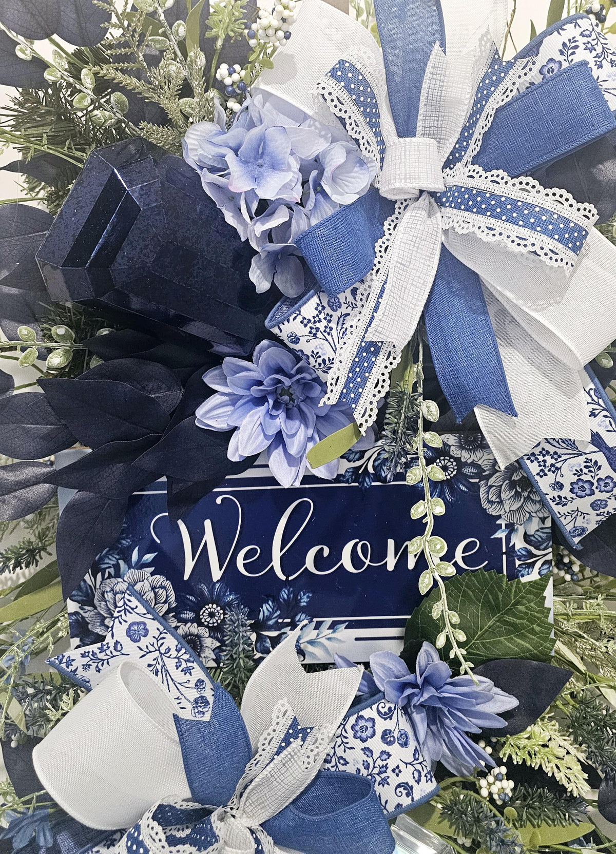 Blue Hydrangea Welcome Swag, Chinoiserie Door Decor, Handmade Floral Wreath