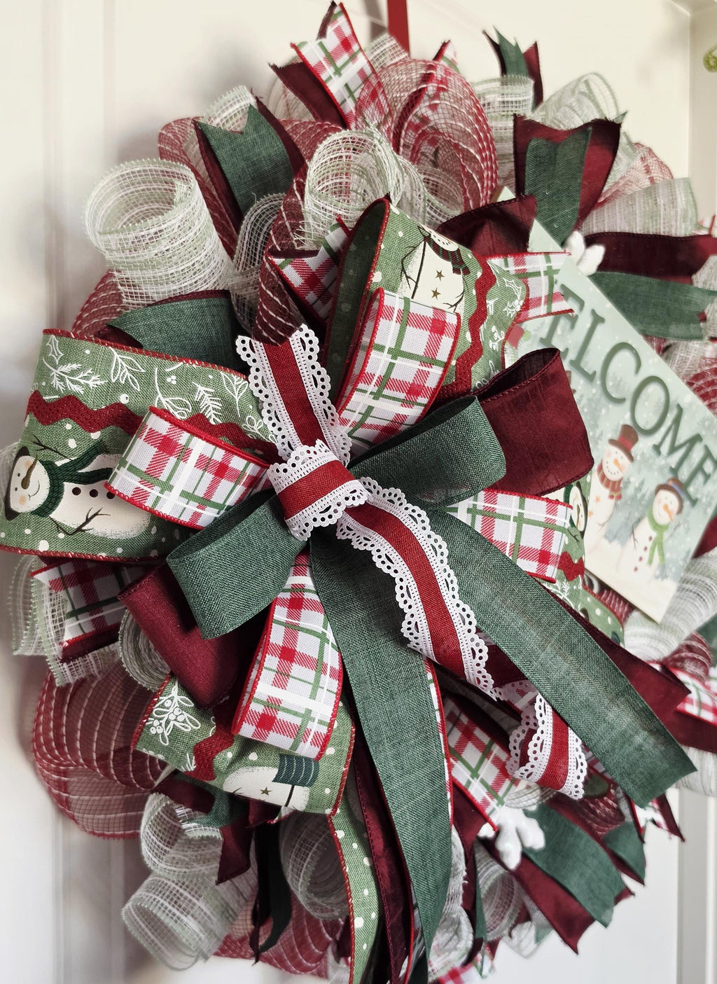 Handcrafted Snowman Welcome Christmas Wreath, Burgundy Plaid Winter Door Decor