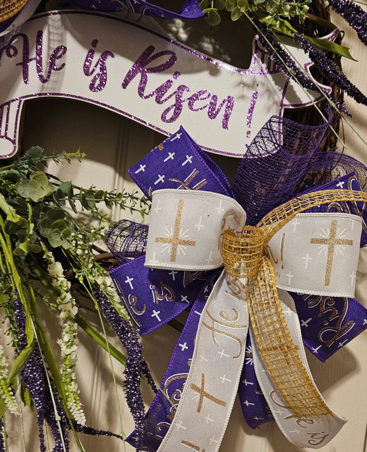 He Is Risen Grapevine Easter Wreath, Purple and White Decor (23x23 inches)