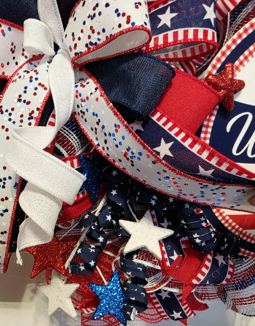 Patriotic Welcome Wreath: Red, White, Blue Americana Door Hanger