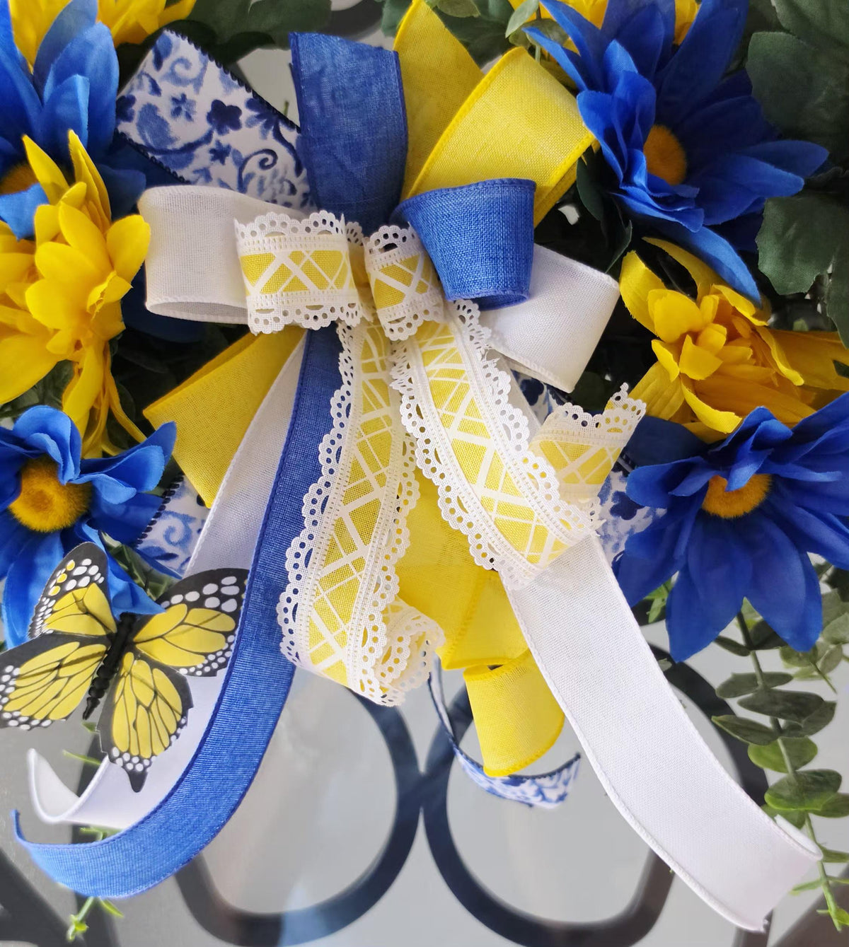Blue Yellow Floral Swag Wreath, Butterfly Sunflower Door Decor