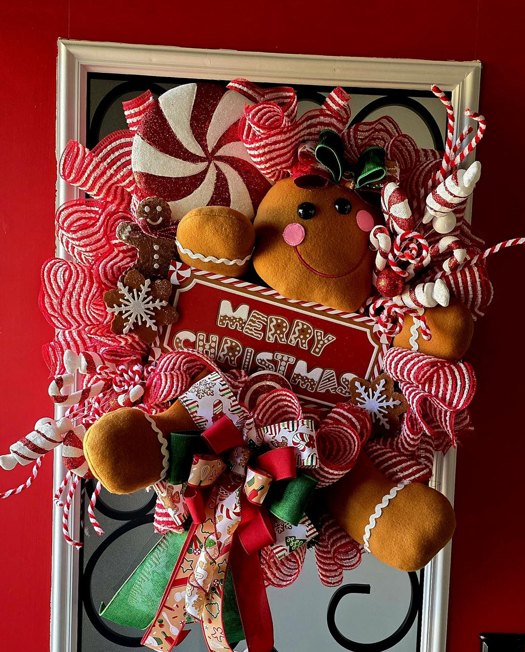 Gingerbread Christmas Wreath, Candy Cane Holiday Door Decor