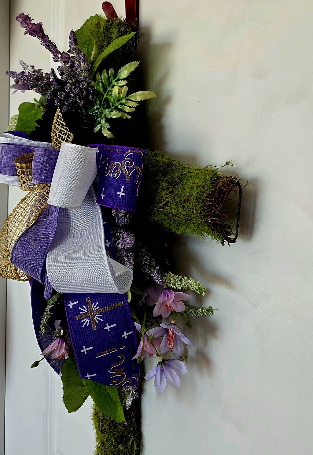 Floral Moss Cross Door Hanger | Purple Easter Decor