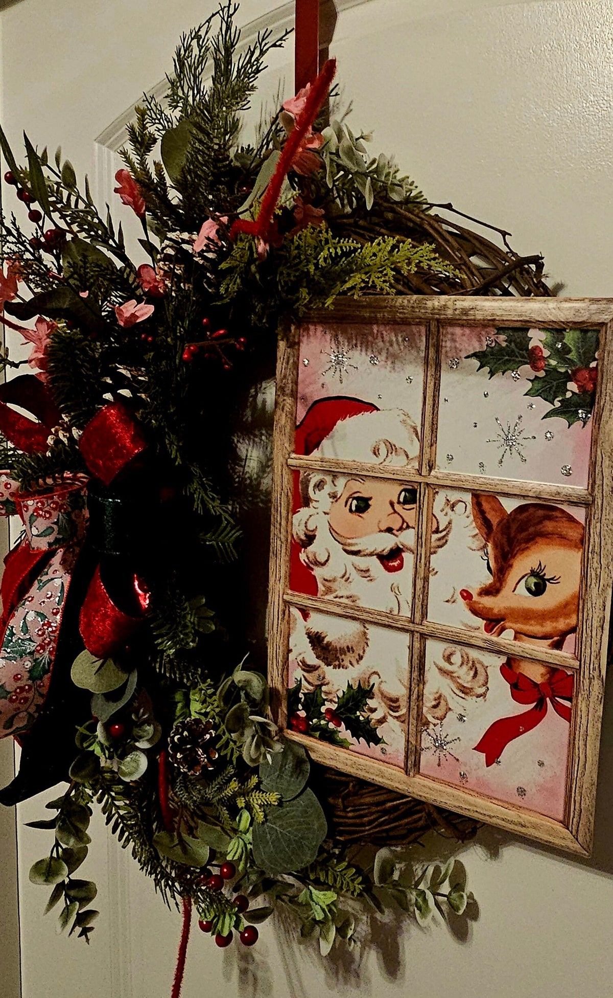 Vintage Santa & Rudolph Christmas Wreath - Handmade Pinecone Holiday Decor