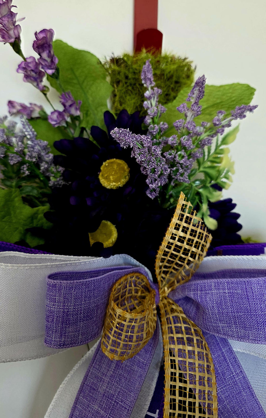 Floral Moss Cross Door Hanger | Purple Easter Decor