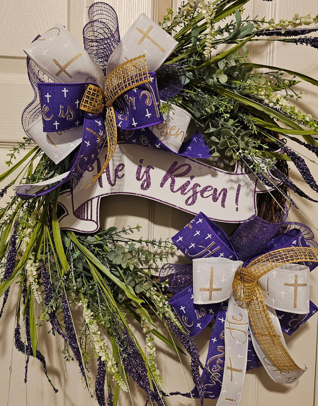 He Is Risen Grapevine Easter Wreath, Purple and White Decor (23x23 inches)