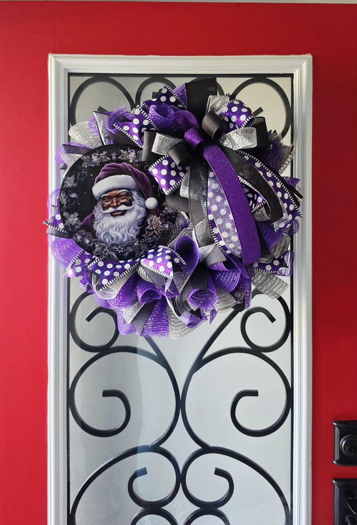 Purple Santa Christmas Wreath, Black & Purple Holiday Door Decor, Luxury Mesh Wreath, Unique Christmas Front Door Decor