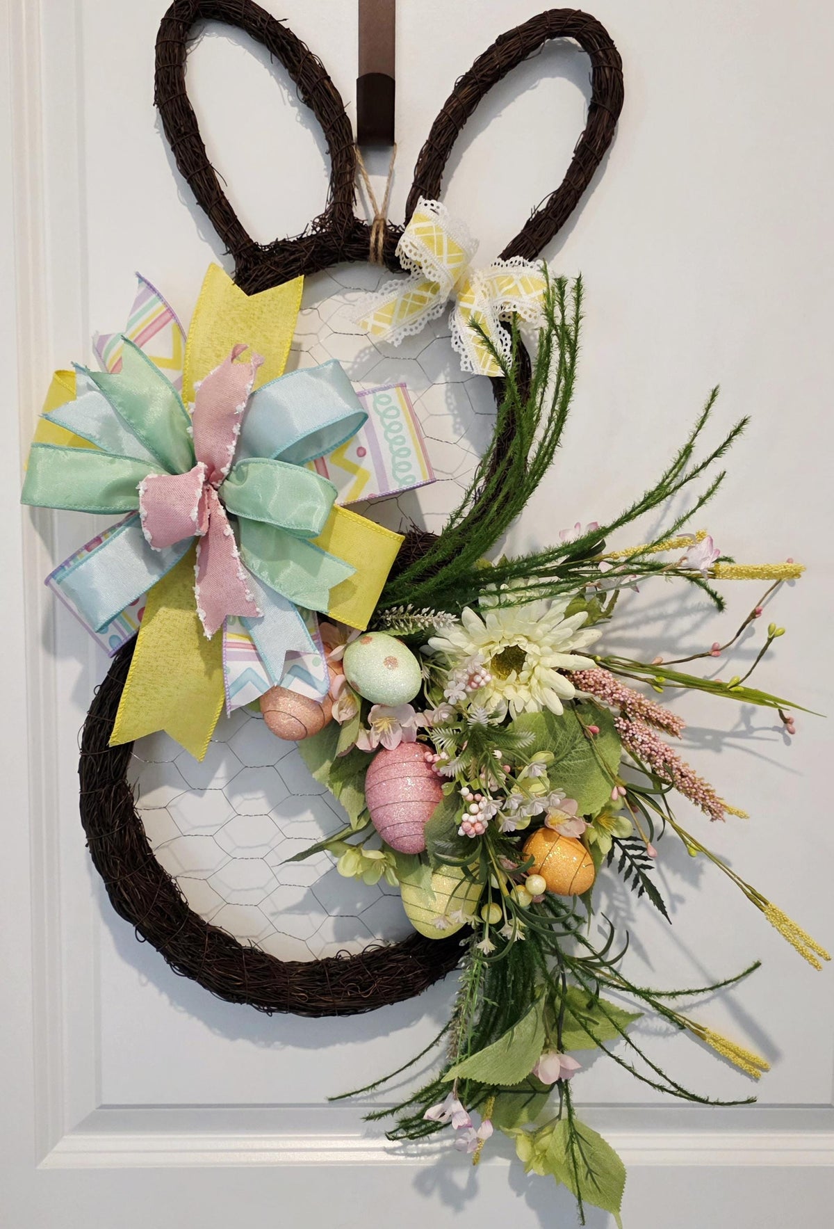 Handmade Grapevine Easter Bunny Wreath, Pastel Eggs, Spring Florals, Farmhouse Door Decor