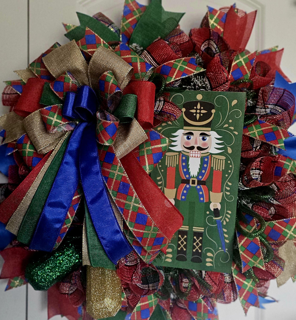 Nutcracker Christmas Wreath, Red Green Plaid Bow, Holiday Door Decor