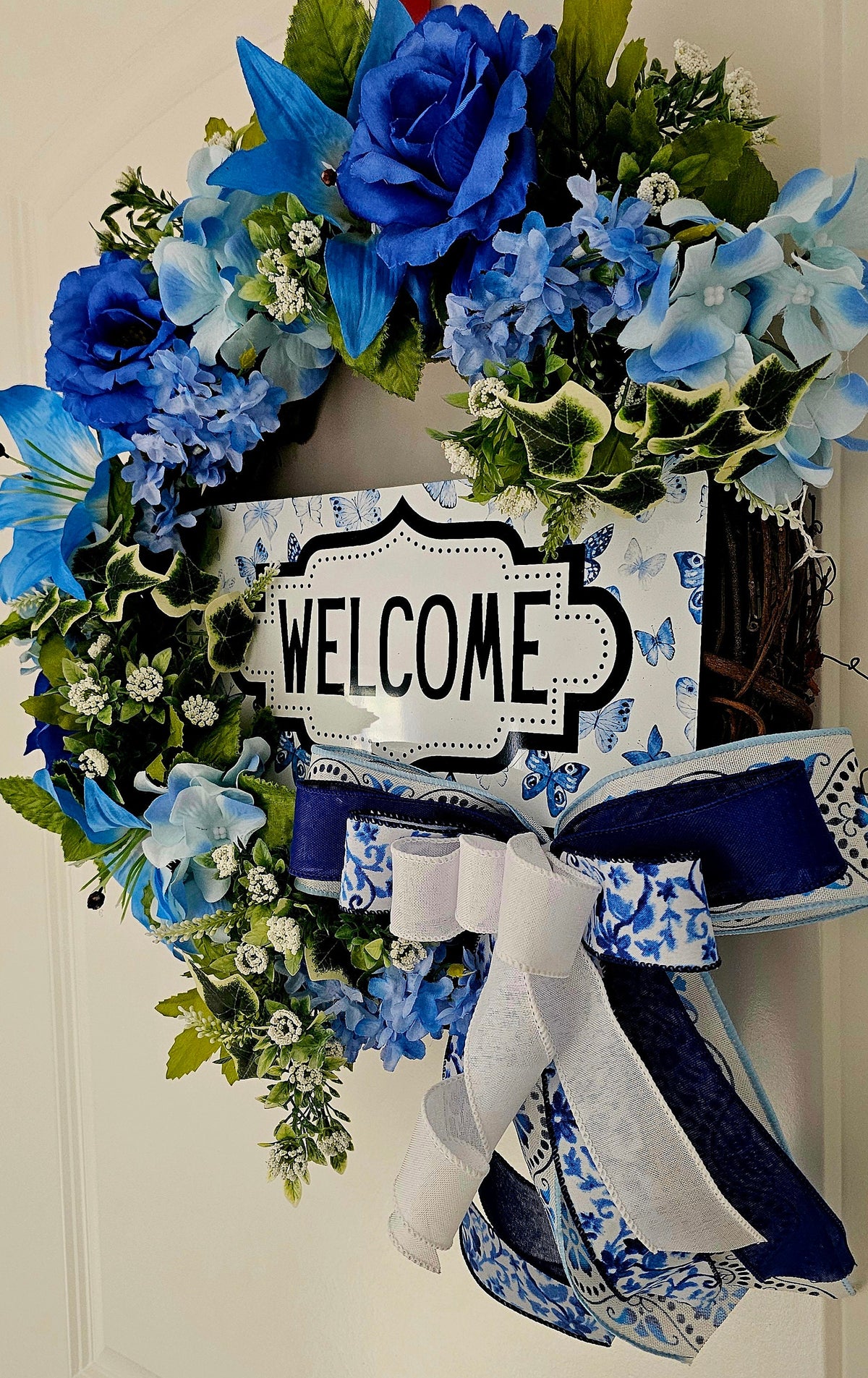 Blue Floral Welcome Wreath, Butterfly Grapevine Door Decor for Spring and Summer