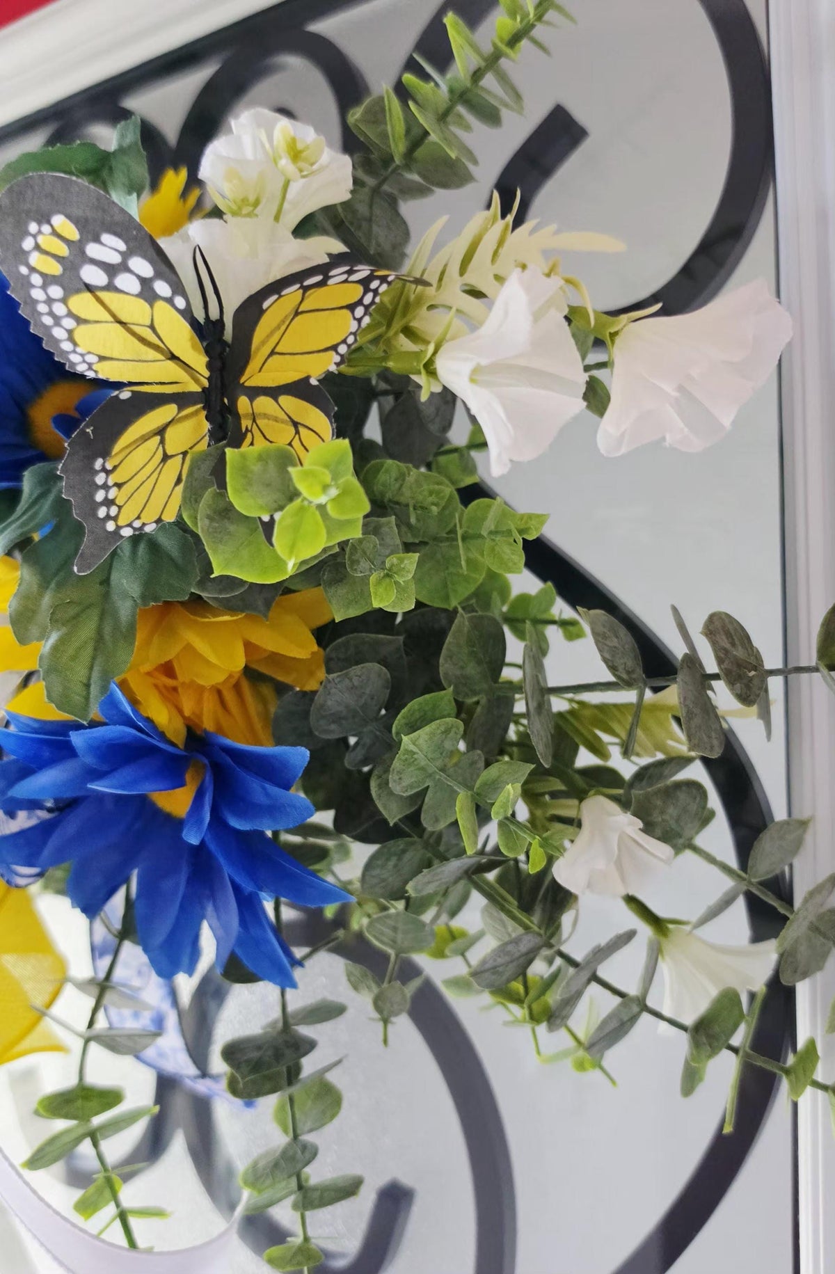 Blue Yellow Floral Swag Wreath, Butterfly Sunflower Door Decor