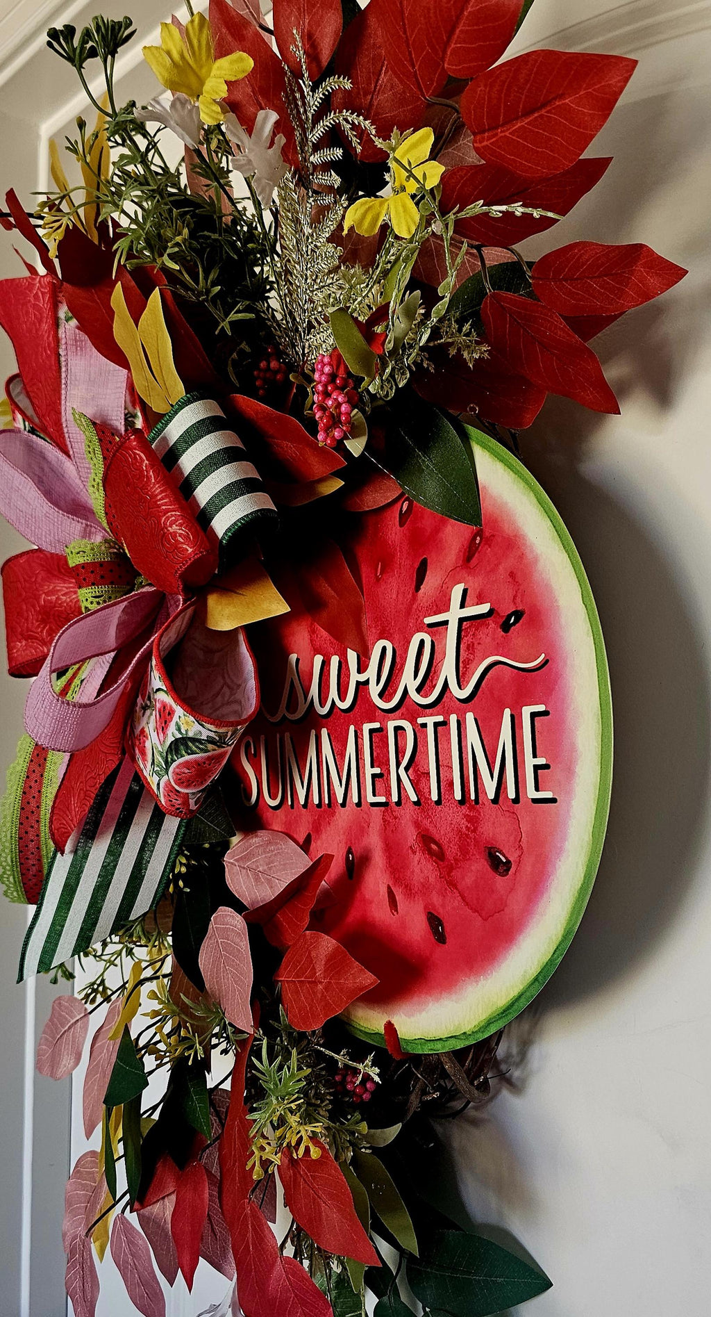 Handmade Watermelon Summer Wreath, Whimsical Faux Leaf Decor