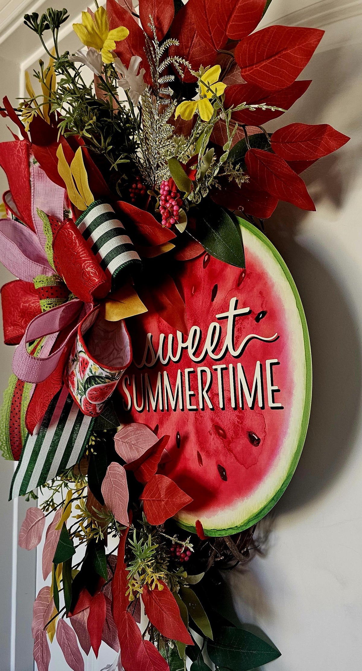 Handmade Watermelon Summer Wreath, Whimsical Faux Leaf Decor