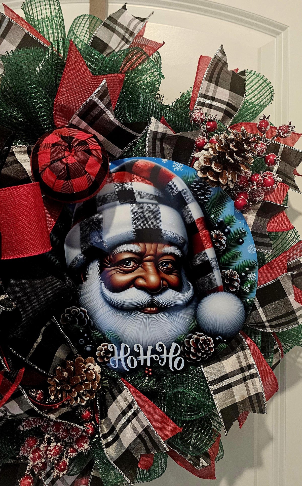 Black Santa Christmas Wreath: Buffalo Plaid Holiday Decor