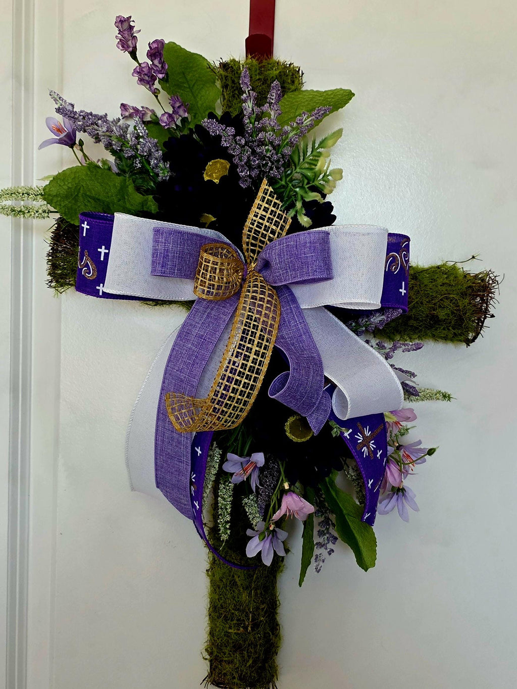Floral Moss Cross Door Hanger | Purple Easter Decor