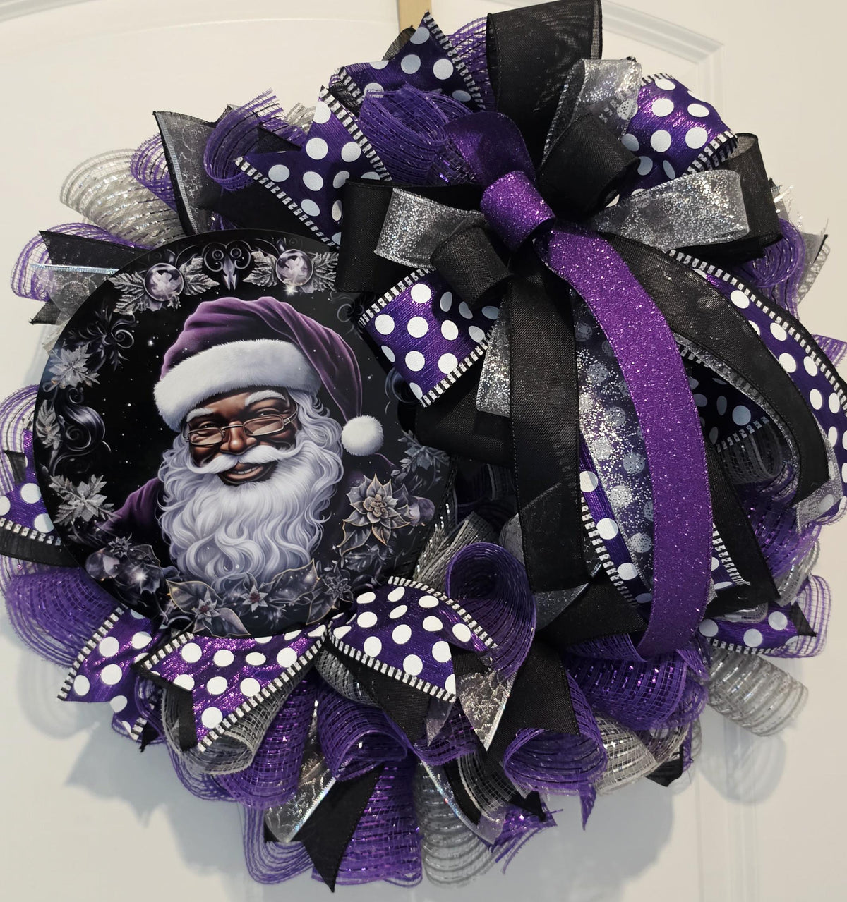 Purple Santa Christmas Wreath, Black & Purple Holiday Door Decor, Luxury Mesh Wreath, Unique Christmas Front Door Decor