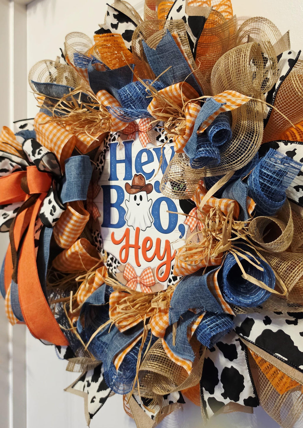 Western Halloween Wreath, Cowboy Ghost Cow Print Door Decor