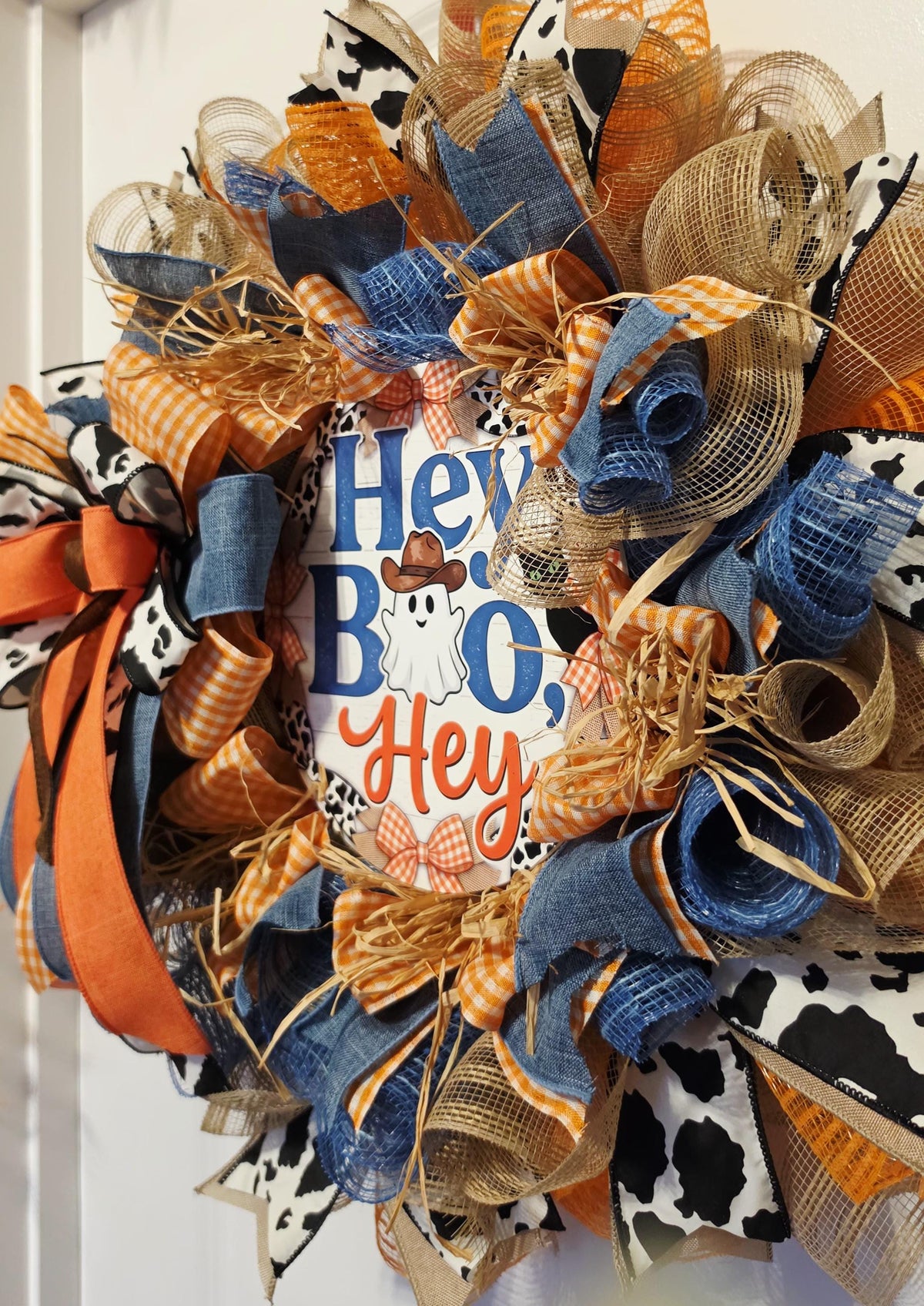 Western Halloween Wreath, Cowboy Ghost Cow Print Door Decor