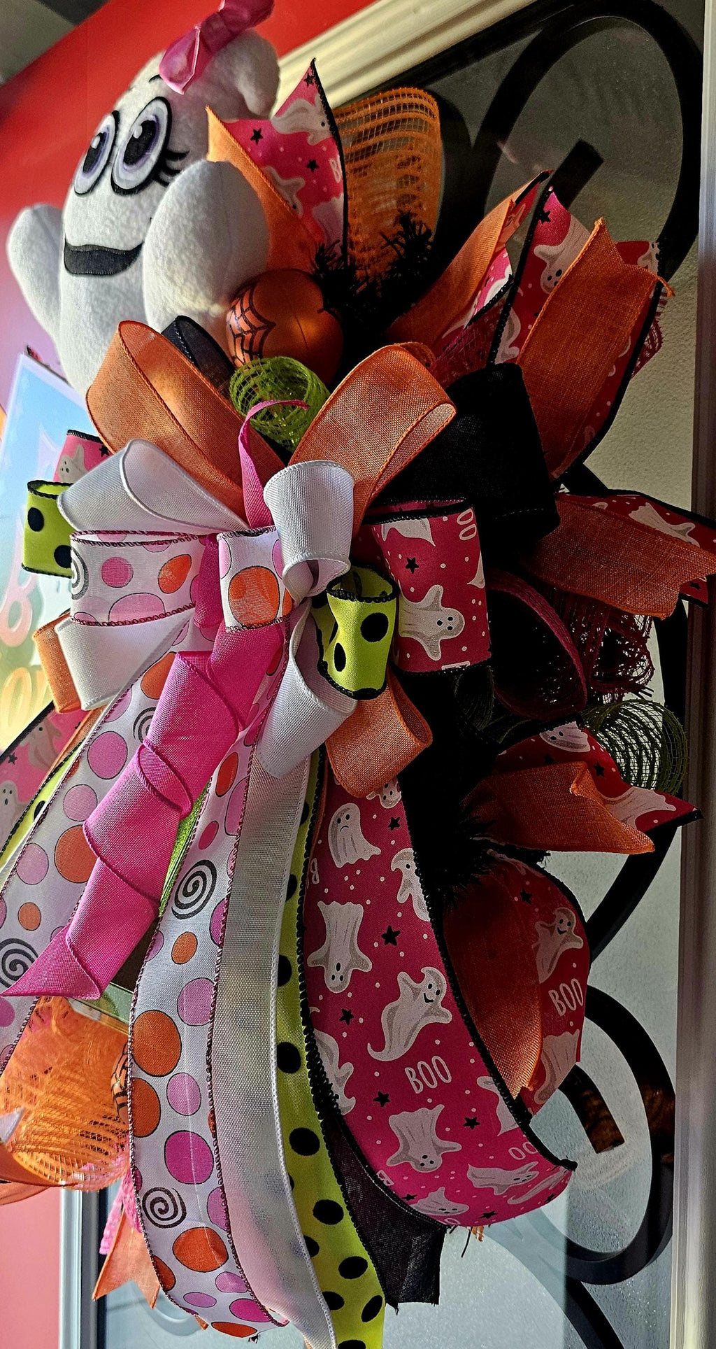 Halloween Wreath | Ghost Plush, Pink & Orange Door Decor