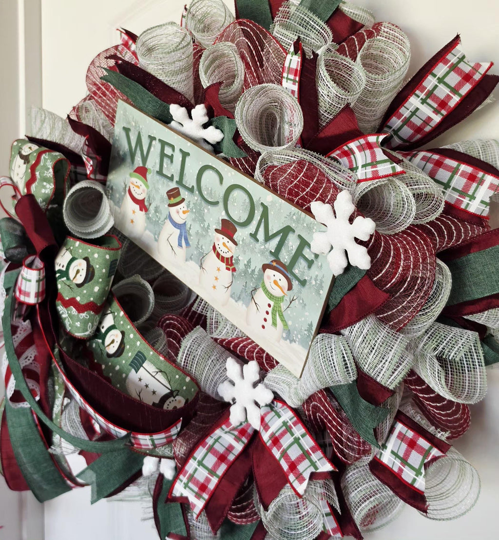 Handcrafted Snowman Welcome Christmas Wreath, Burgundy Plaid Winter Door Decor
