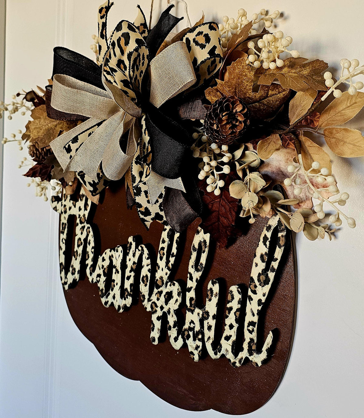 Leopard Print Thankful Pumpkin Door Hanger | Rustic Fall Decor