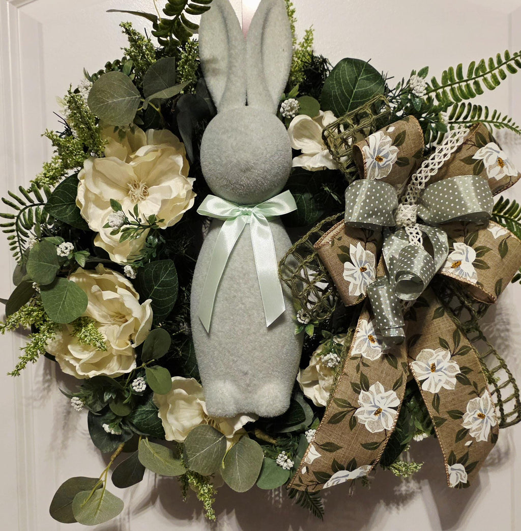 Neutral Easter Bunny Wreath, Farmhouse Spring Floral Door Decor