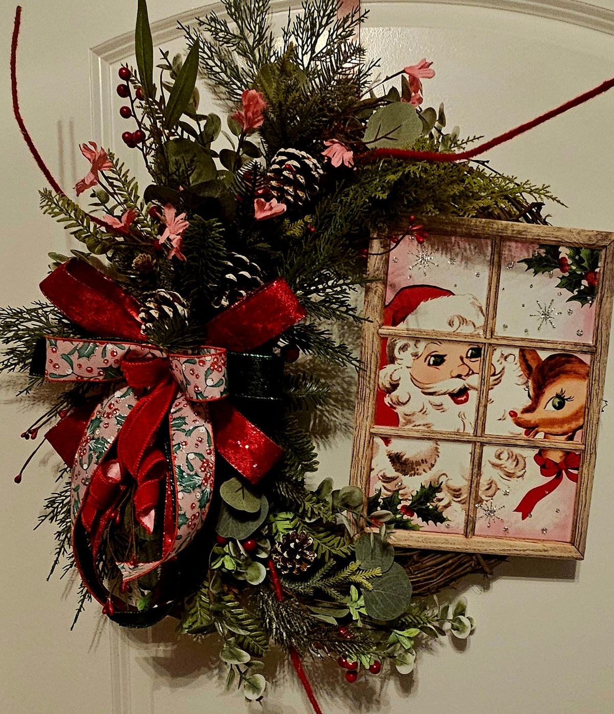 Vintage Santa & Rudolph Christmas Wreath - Handmade Pinecone Holiday Decor