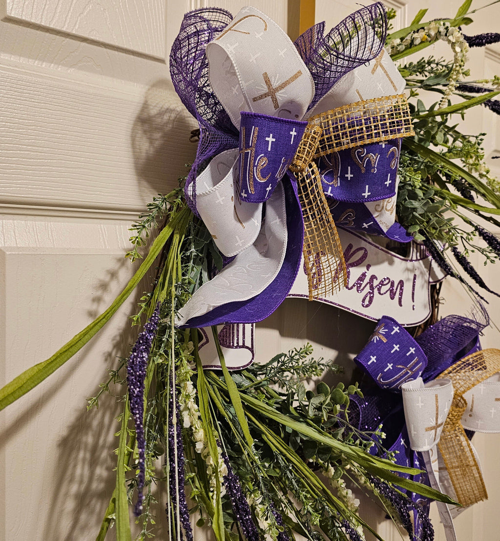 He Is Risen Grapevine Easter Wreath, Purple and White Decor (23x23 inches)
